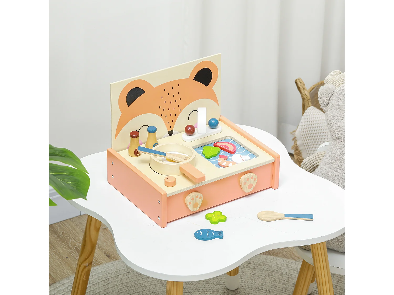 Mini-cuisine en bois cuisine enfant motif renard jouet d'imitation pour enfant avec 12 accessoires poêle spatule condiments fruits légumes - pour 3-5 ans