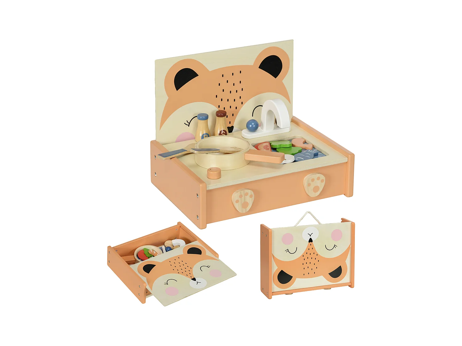 Mini-cuisine en bois cuisine enfant motif renard jouet d'imitation pour enfant avec 12 accessoires poêle spatule condiments fruits légumes - pour 3-5 ans