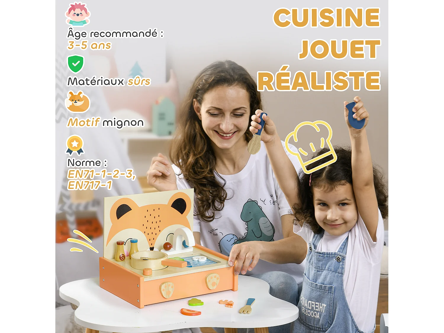 Mini-cuisine en bois cuisine enfant motif renard jouet d'imitation pour enfant avec 12 accessoires poêle spatule condiments fruits légumes - pour 3-5 ans