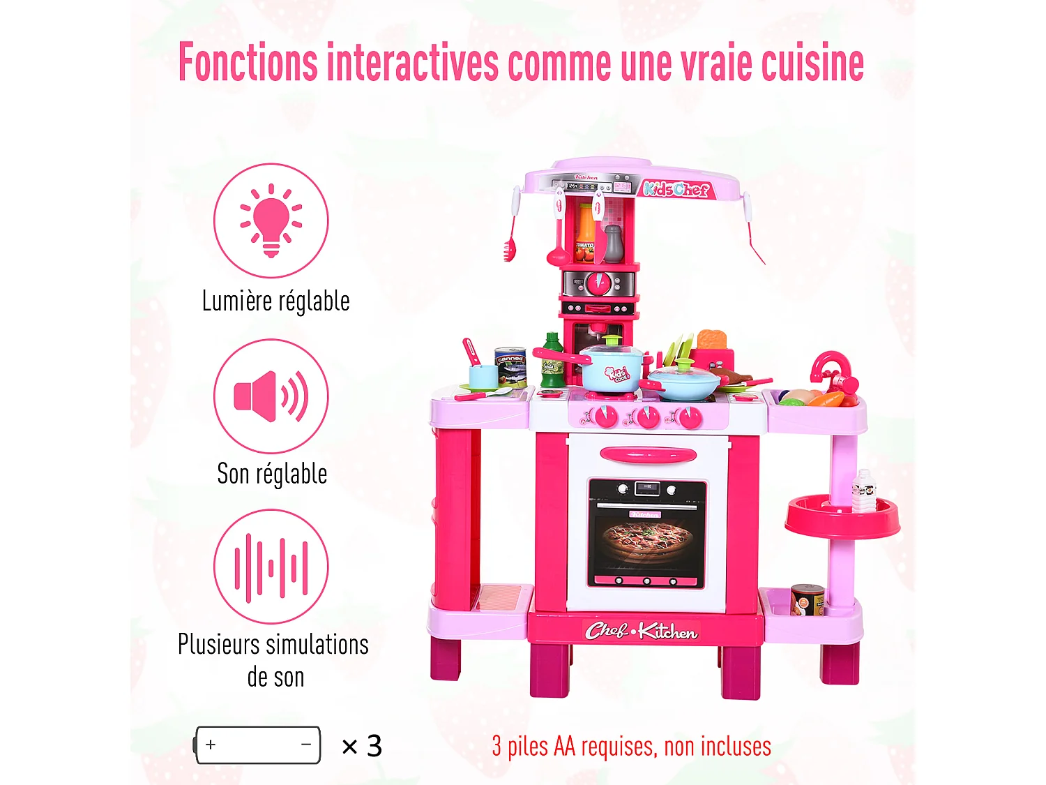 Cuisine pour enfant recettes jeu d'imitation 38 accessoires inclus sons et lumières polypropylène rose