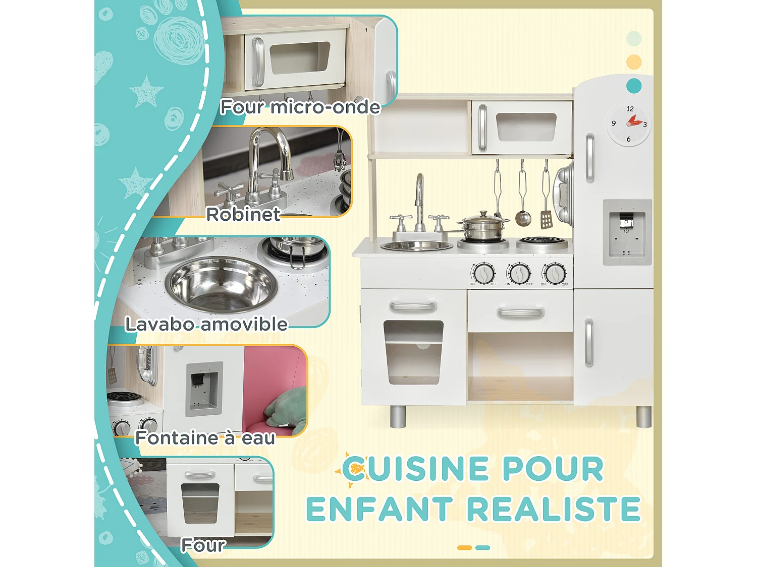 Cuisine bois jeu d'imitation - cuisine enfant - nombreux accessoires & rangements inclus - MDF pin blanc chêne clair