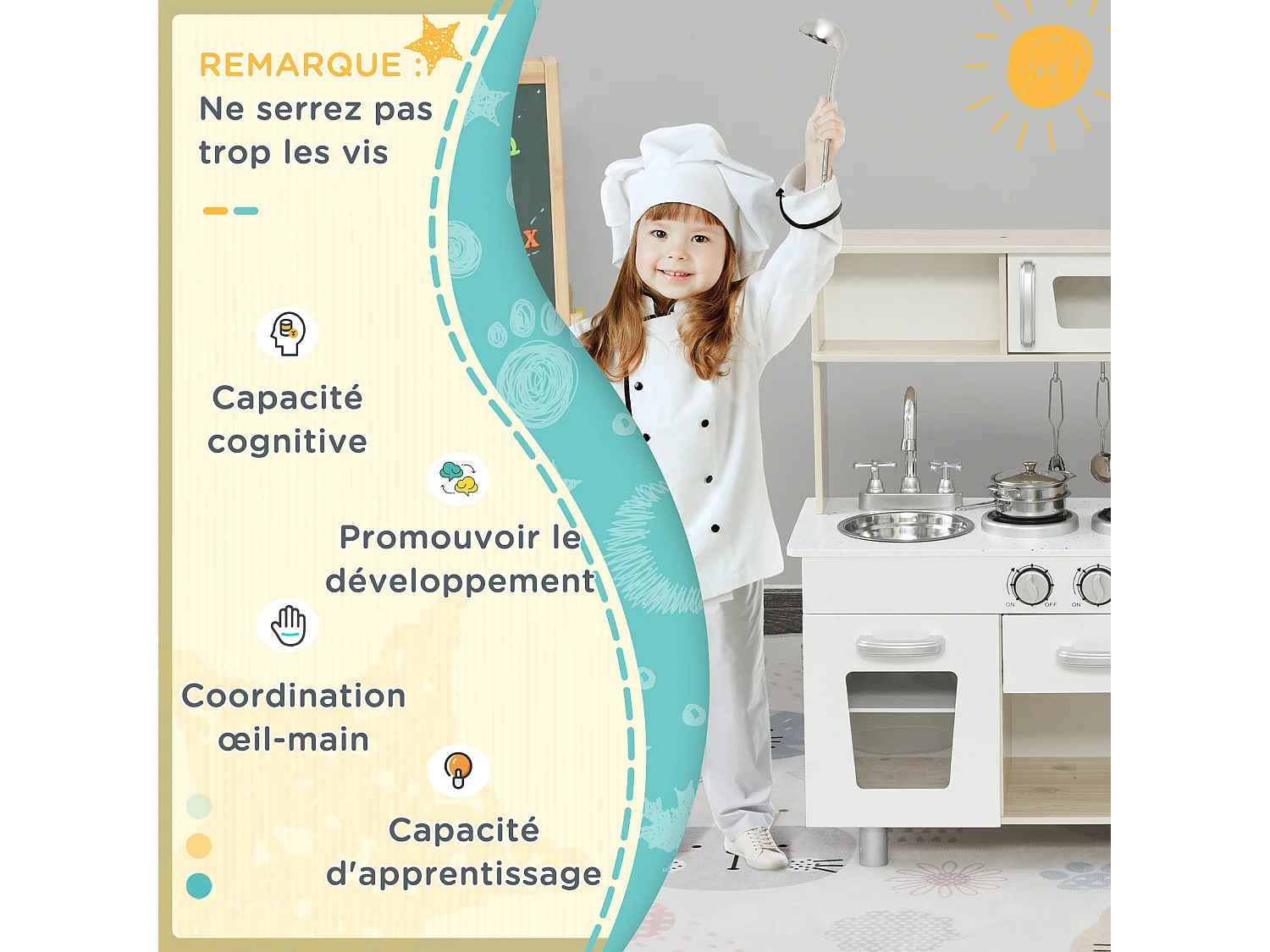 Cuisine bois jeu d'imitation - cuisine enfant - nombreux accessoires & rangements inclus - MDF pin blanc chêne clair