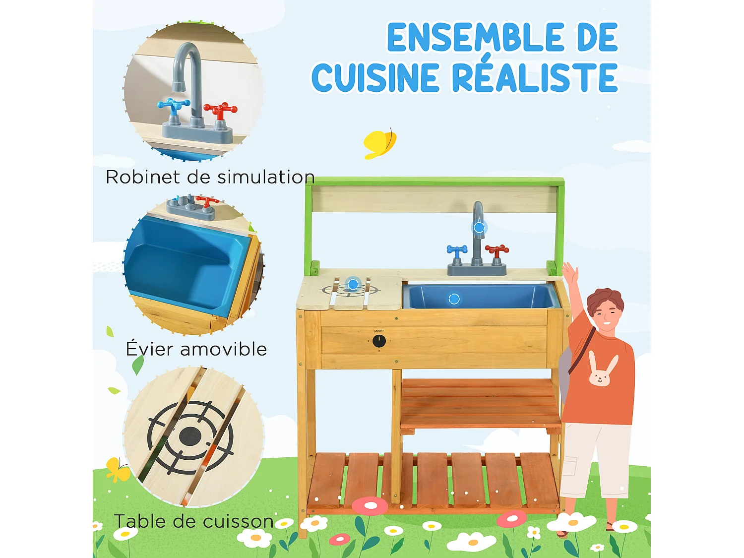 Jeu d'imitation cuisine extérieure enfant 3 étagères évier bois sapin pré-huilé