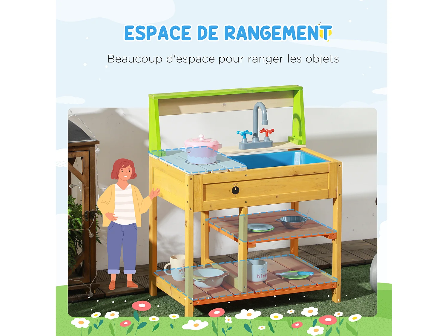 Jeu d'imitation cuisine extérieure enfant 3 étagères évier bois sapin pré-huilé