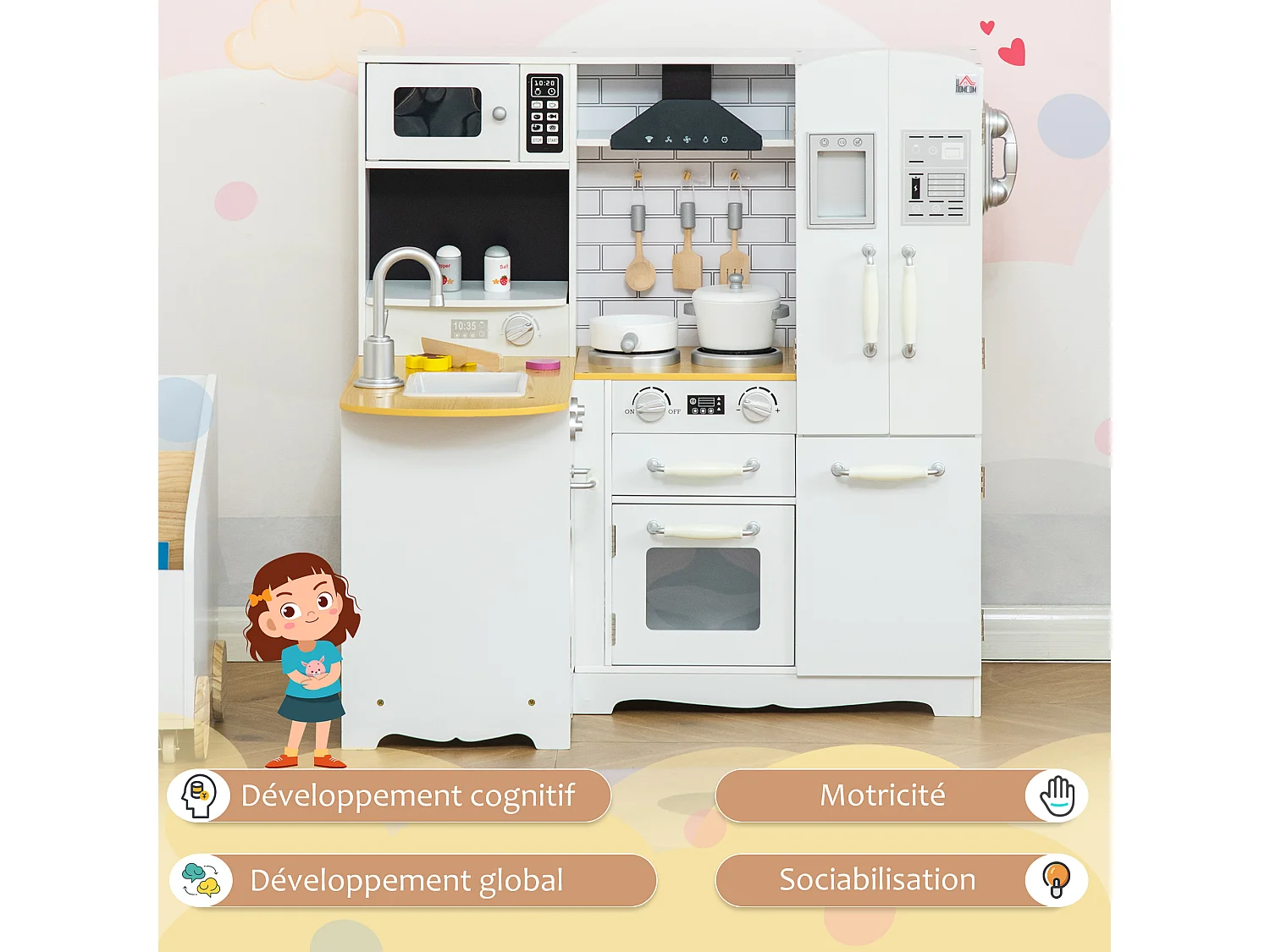 Cuisine pour enfant jeu d'imitation nombreux accessoires rangements évier réfrigérateur téléphone blanc