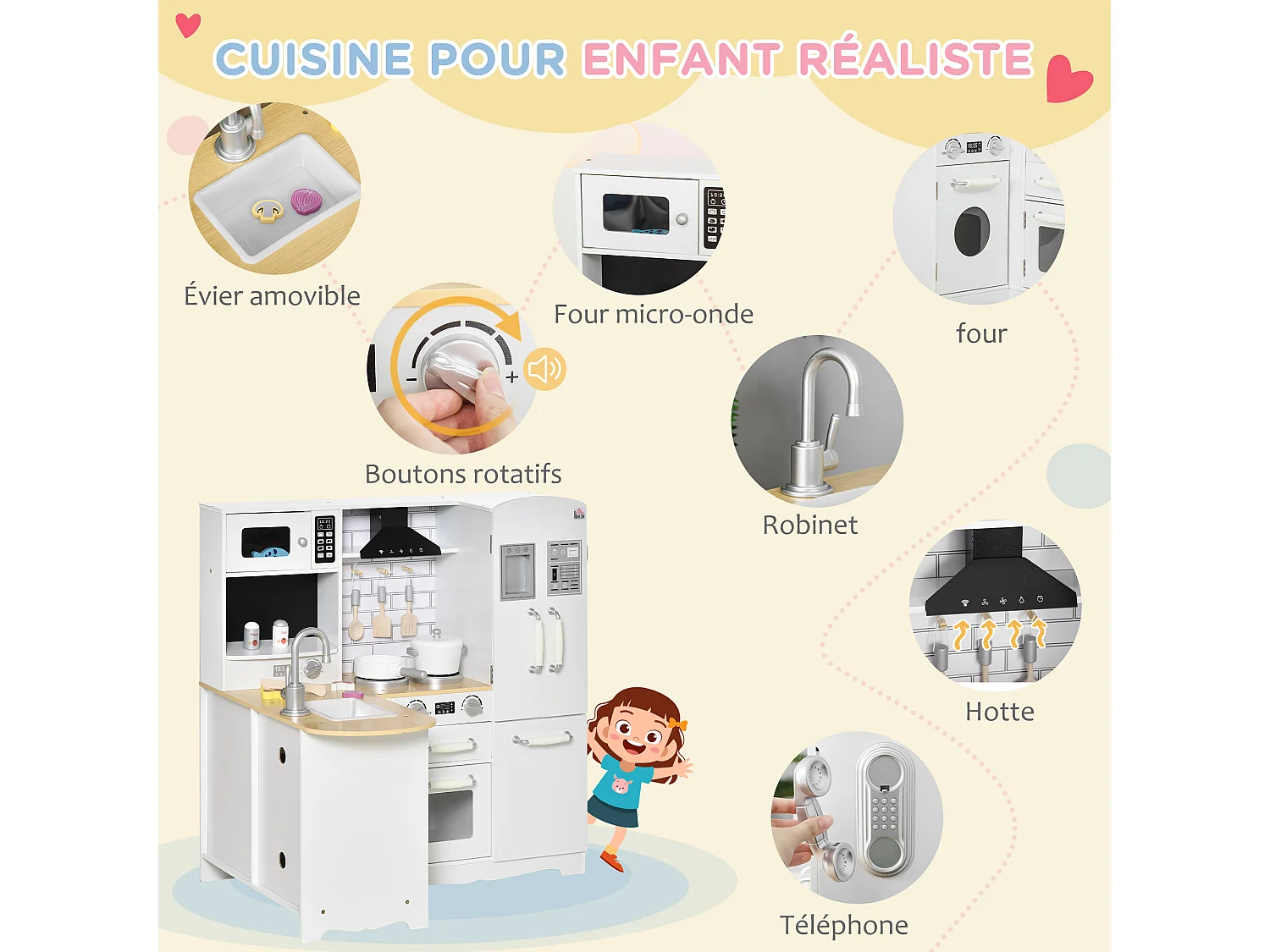 Cuisine pour enfant jeu d'imitation nombreux accessoires rangements évier réfrigérateur téléphone blanc