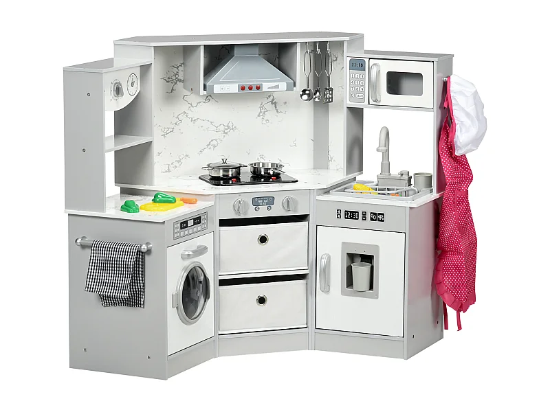 Cuisine pour enfant jeu d'imitation nombreux accessoires rangements évier réfrigérateur hotte lave-linge gris blanc