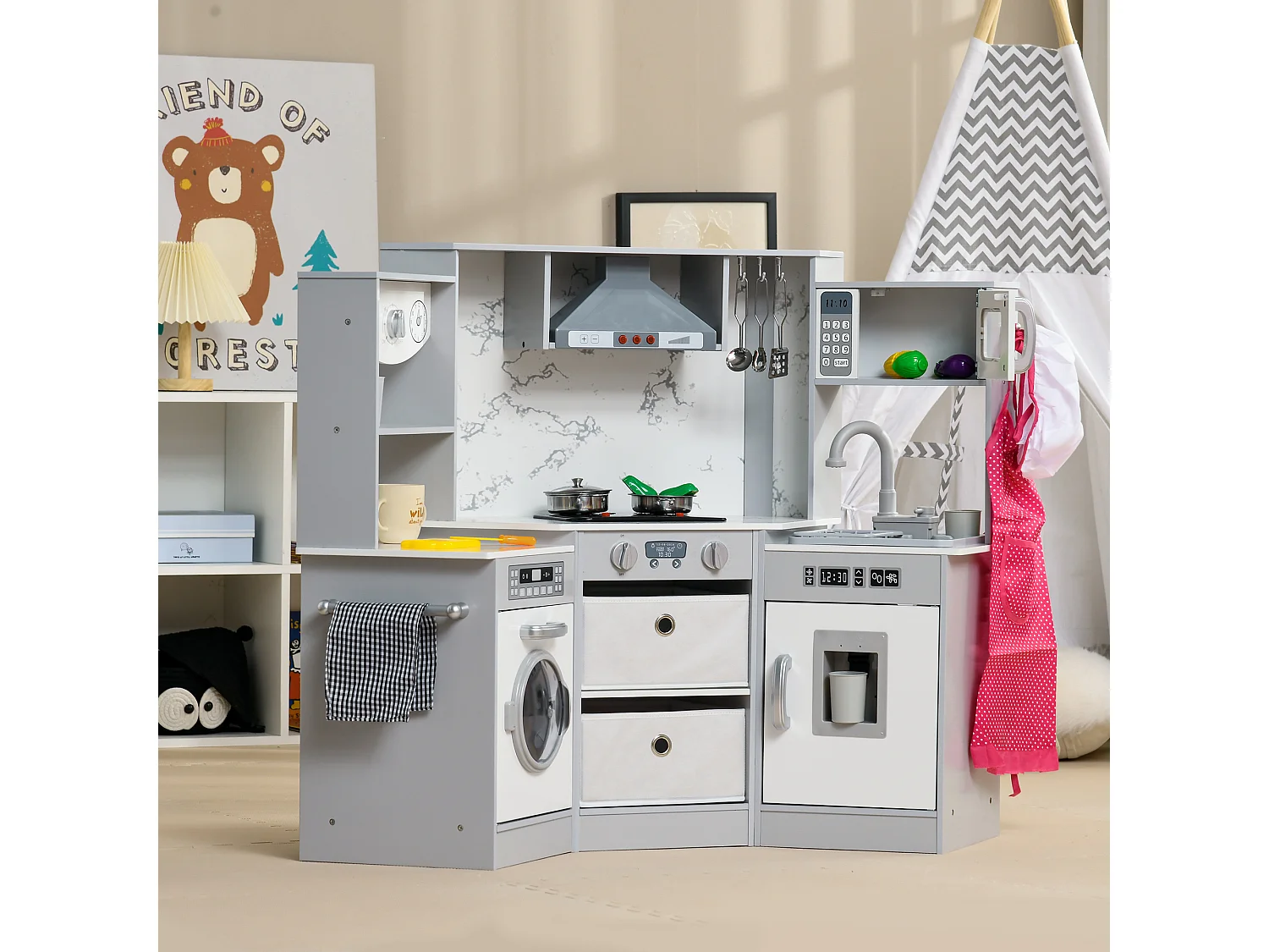 Cuisine pour enfant jeu d'imitation nombreux accessoires rangements évier réfrigérateur hotte lave-linge gris blanc