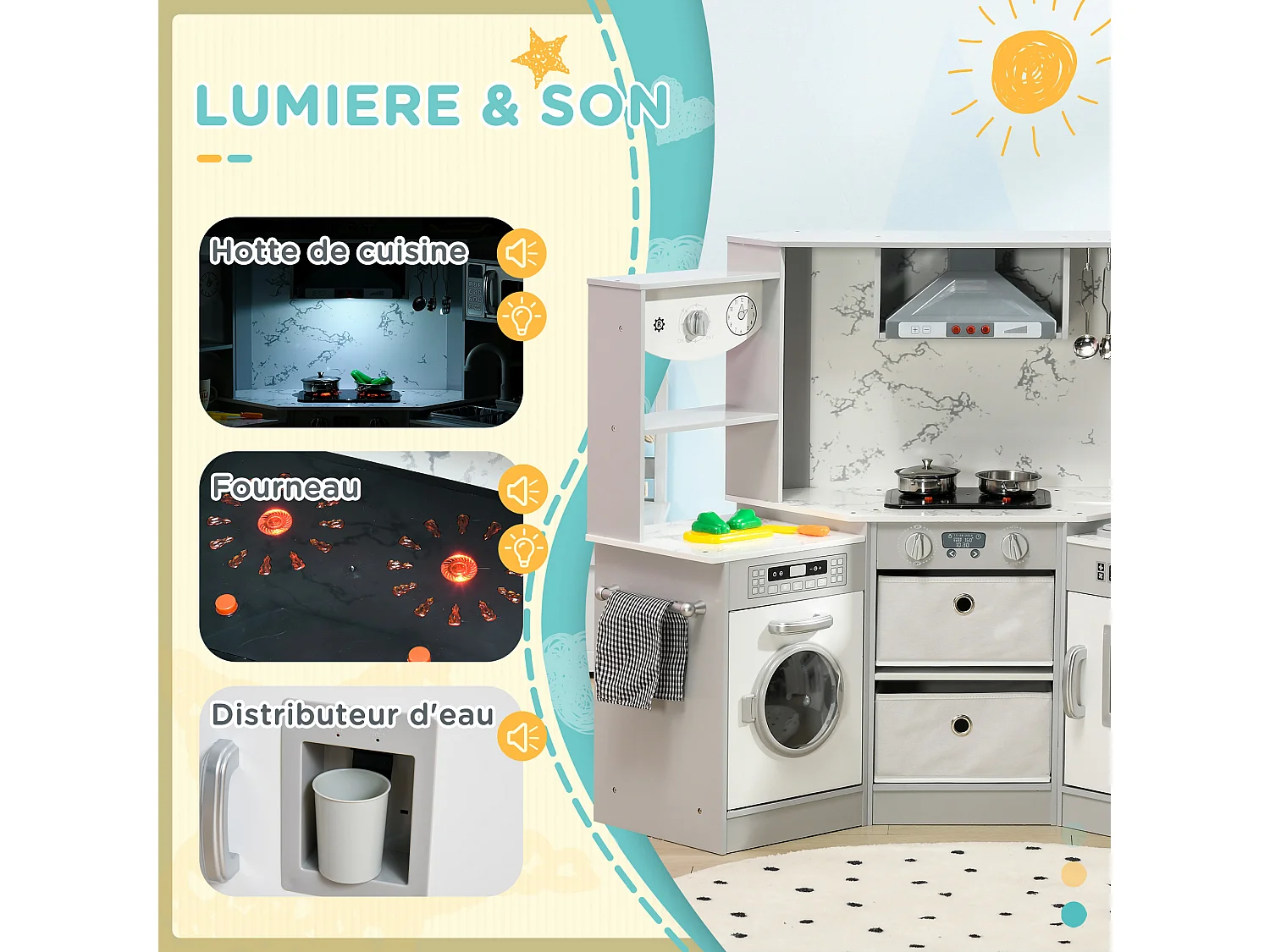 Cuisine pour enfant jeu d'imitation nombreux accessoires rangements évier réfrigérateur hotte lave-linge gris blanc