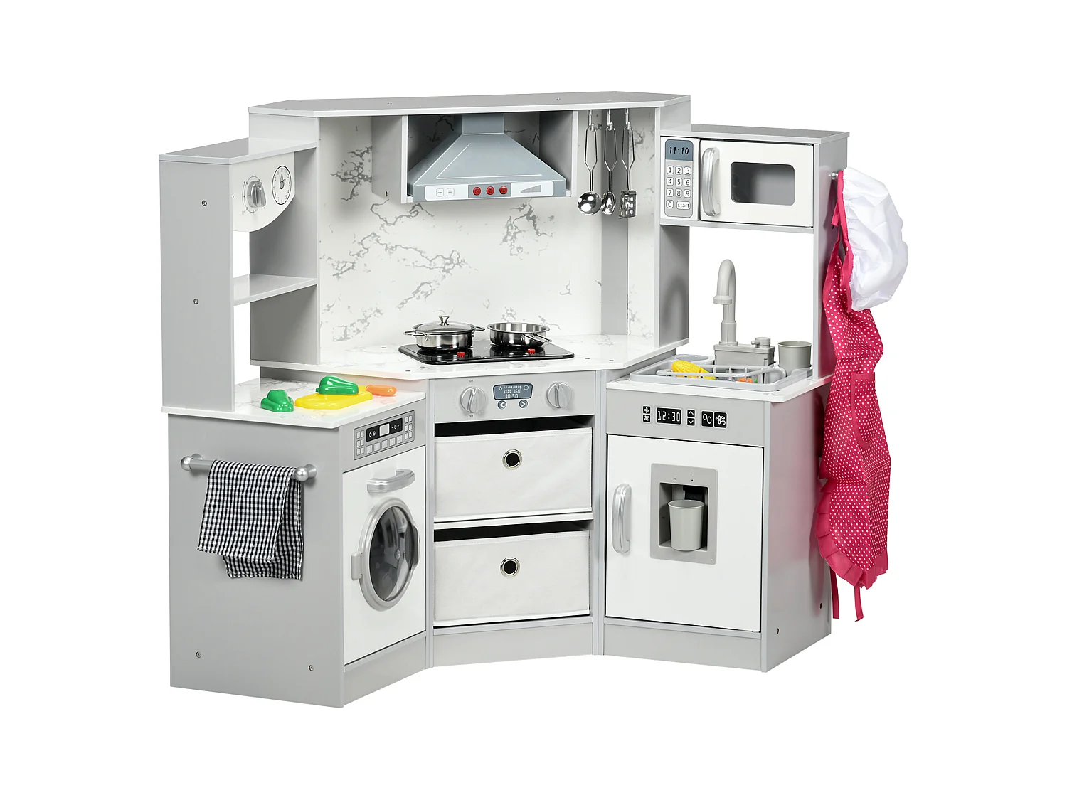 Cuisine pour enfant jeu d'imitation nombreux accessoires rangements évier réfrigérateur hotte lave-linge gris blanc