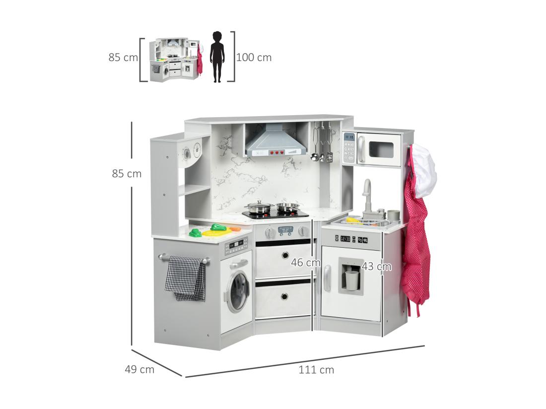 vente unique Cuisine pour enfant jeu d'imitation nombreux accessoires rangements évier réfrigérateur hotte lave-linge gris blanc