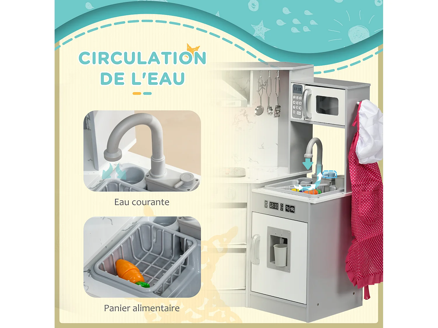 Cuisine pour enfant jeu d'imitation nombreux accessoires rangements évier réfrigérateur hotte lave-linge gris blanc