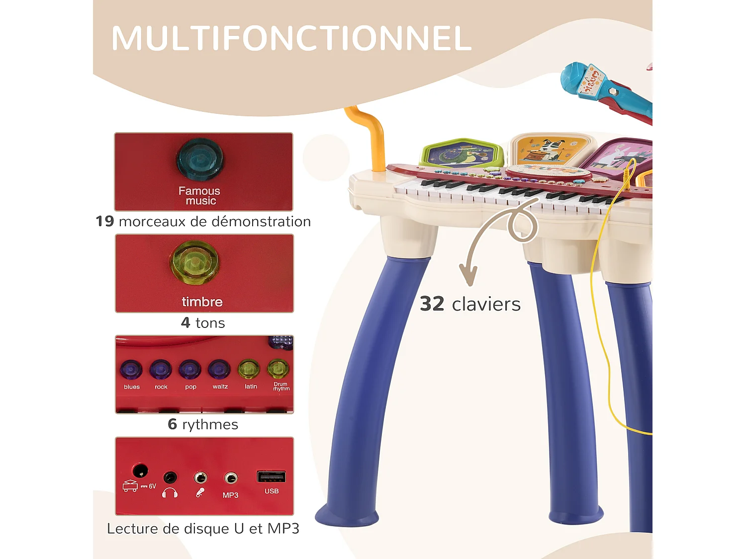 Jouet musical piano électronique batterie 2 en 1 - tabouret, micro et support - clavier 32 touches, effet lumineux, nombreux modes - PP multicolore