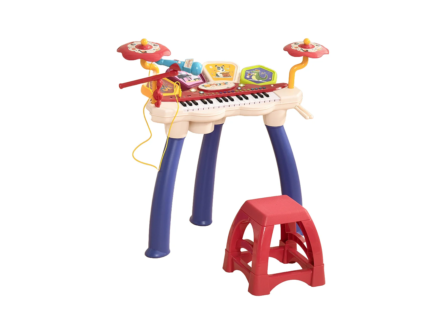 Jouet musical piano électronique batterie 2 en 1 - tabouret, micro et support - clavier 32 touches, effet lumineux, nombreux modes - PP multicolore