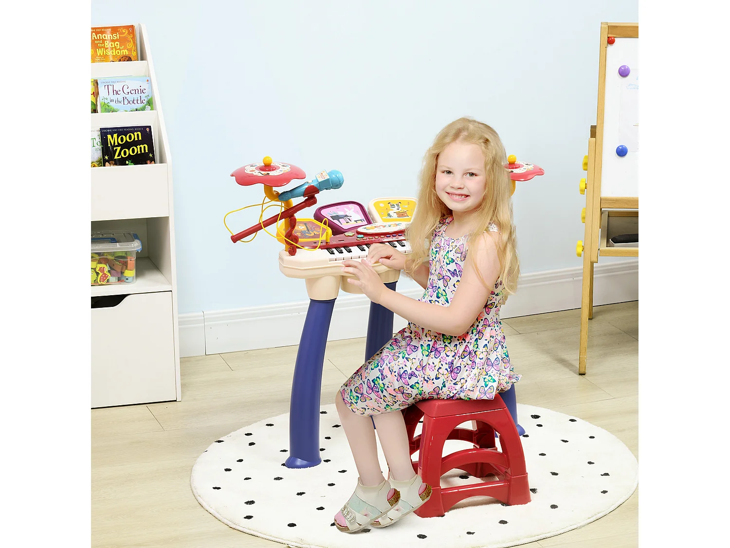 Jouet musical piano électronique batterie 2 en 1 - tabouret, micro et support - clavier 32 touches, effet lumineux, nombreux modes - PP multicolore