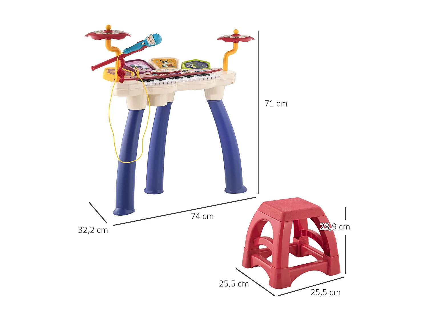 Jouet musical piano électronique batterie 2 en 1 - tabouret, micro et support - clavier 32 touches, effet lumineux, nombreux modes - PP multicolore