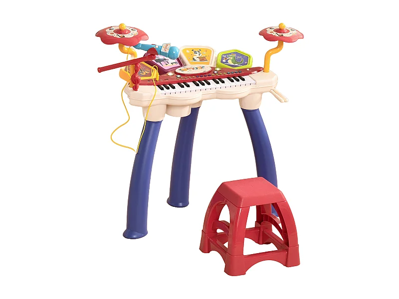 Jouet musical piano électronique batterie 2 en 1 - tabouret, micro et support - clavier 32 touches, effet lumineux, nombreux modes - PP multicolore