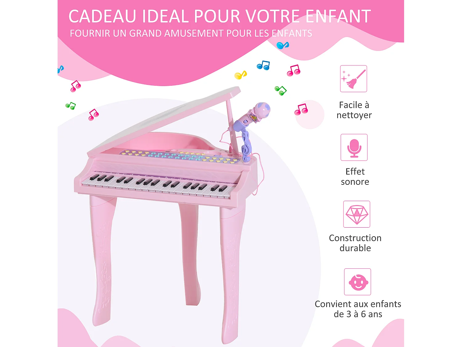 Piano à queue électronique 37 touches multifonctions avec micro haut parleur rose