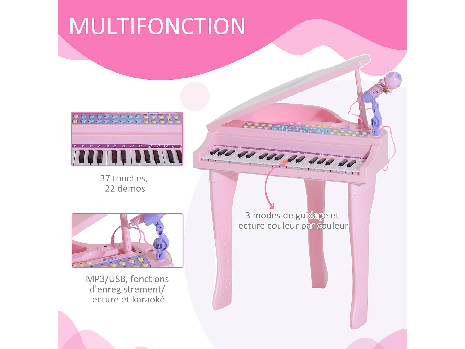 Piano à queue électronique 37 touches multifonctions avec micro haut parleur rose