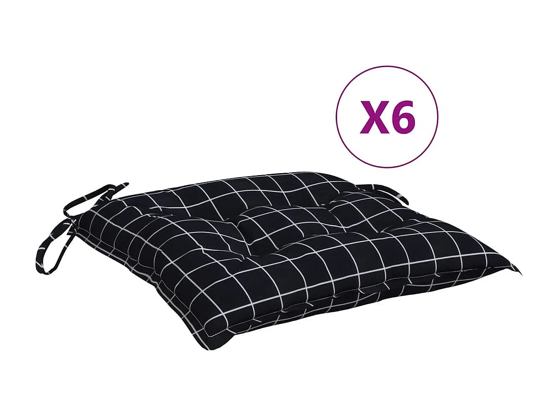 Coussins de chaise 6 pièces carreaux noir 40x40x7 cm tissu