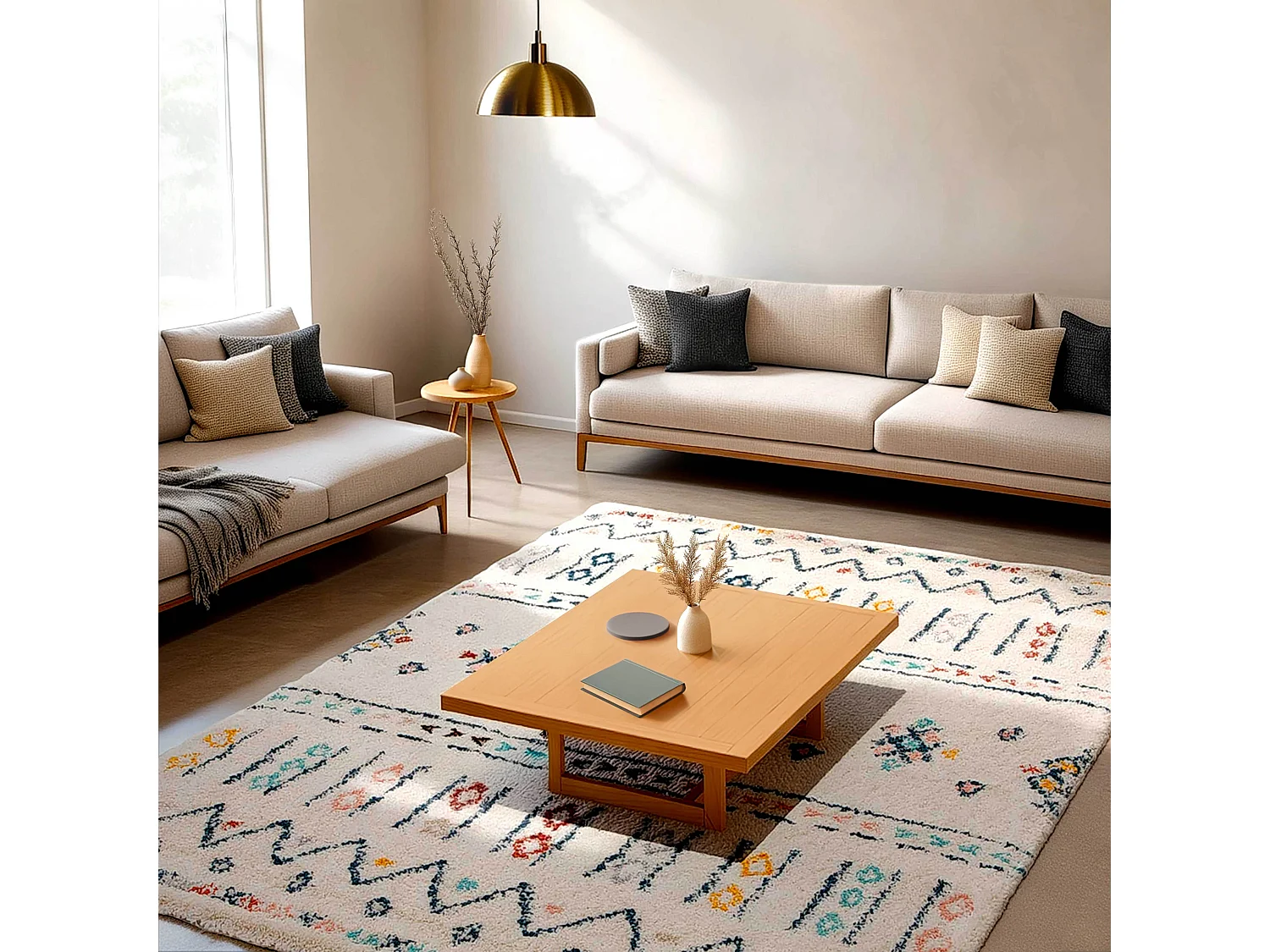 Tapis rectangulaire à poils longs motif ethnique beige 120x170 cm