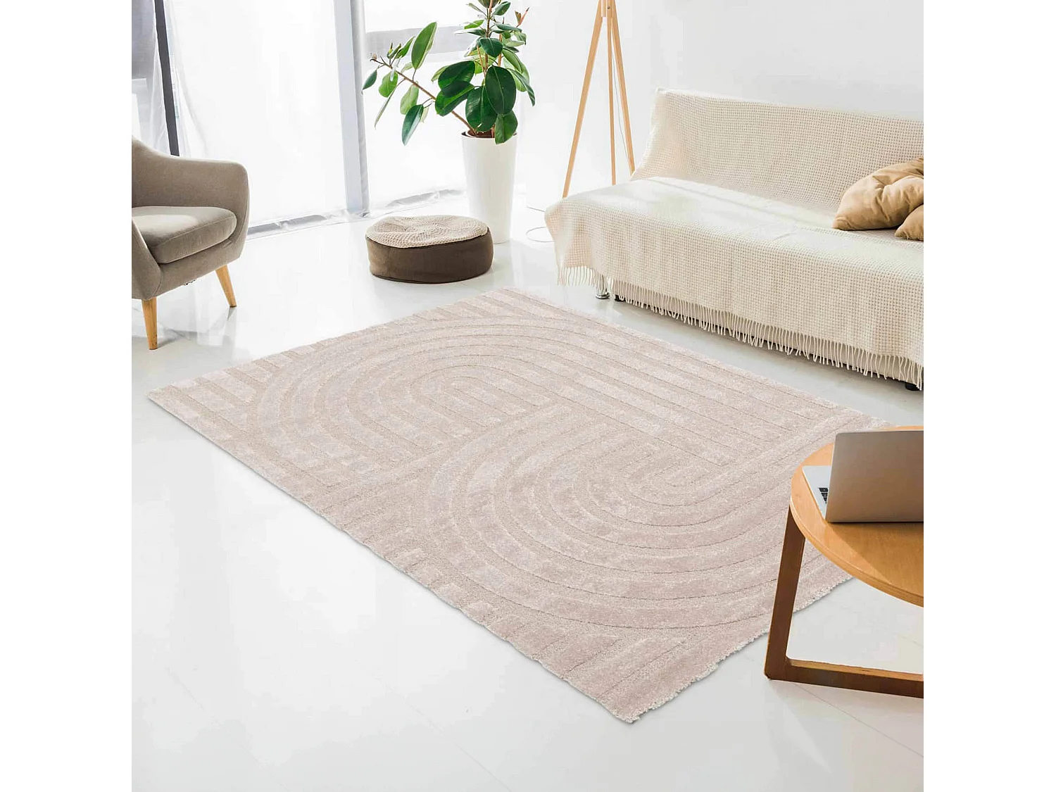Tapis rectangulaire à poils ras motif contemporain beige 120 x 170 cm