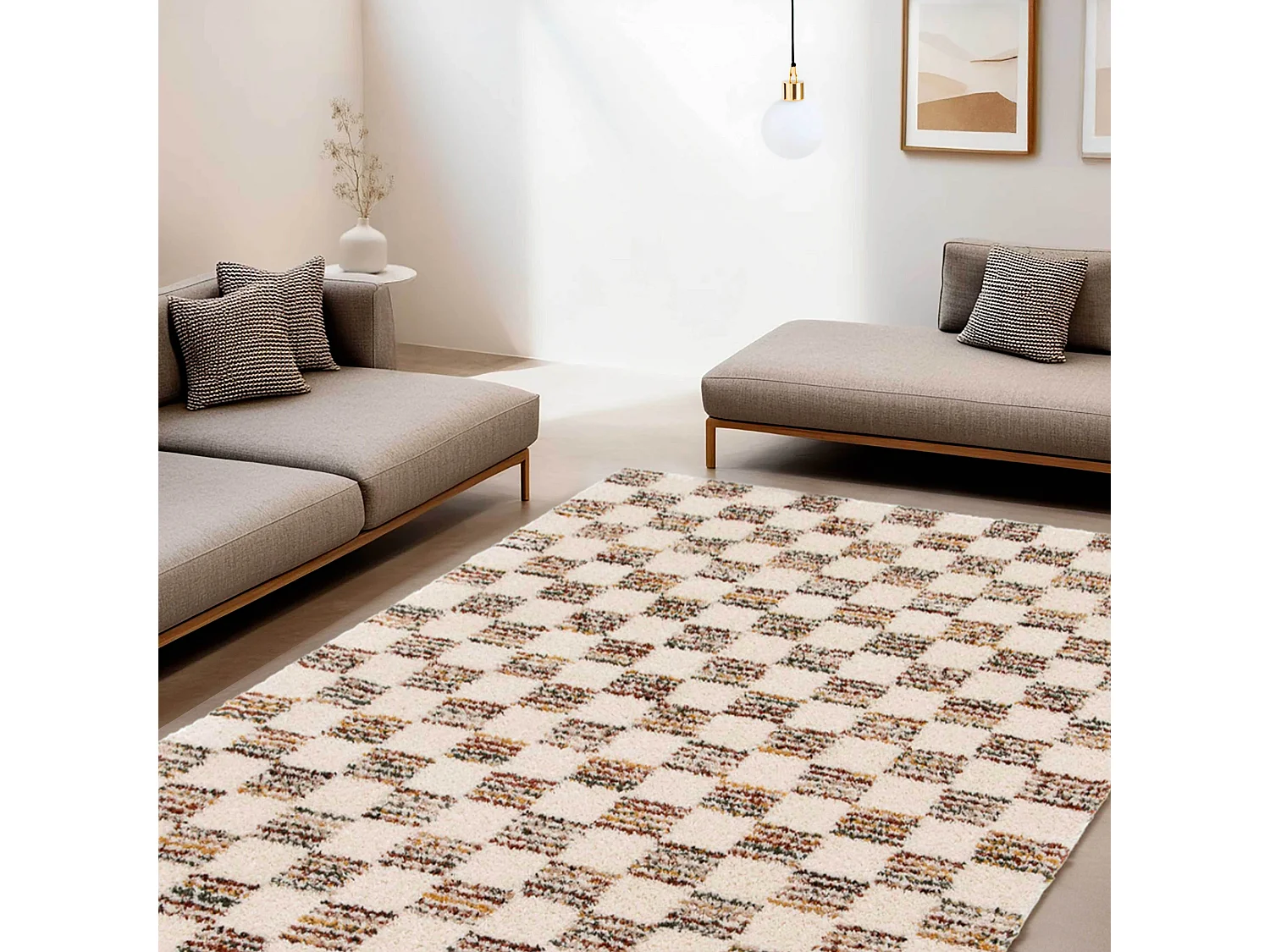 Hoogpolig vloerkleed met bruin vierkant patroon 120 x 170 cm