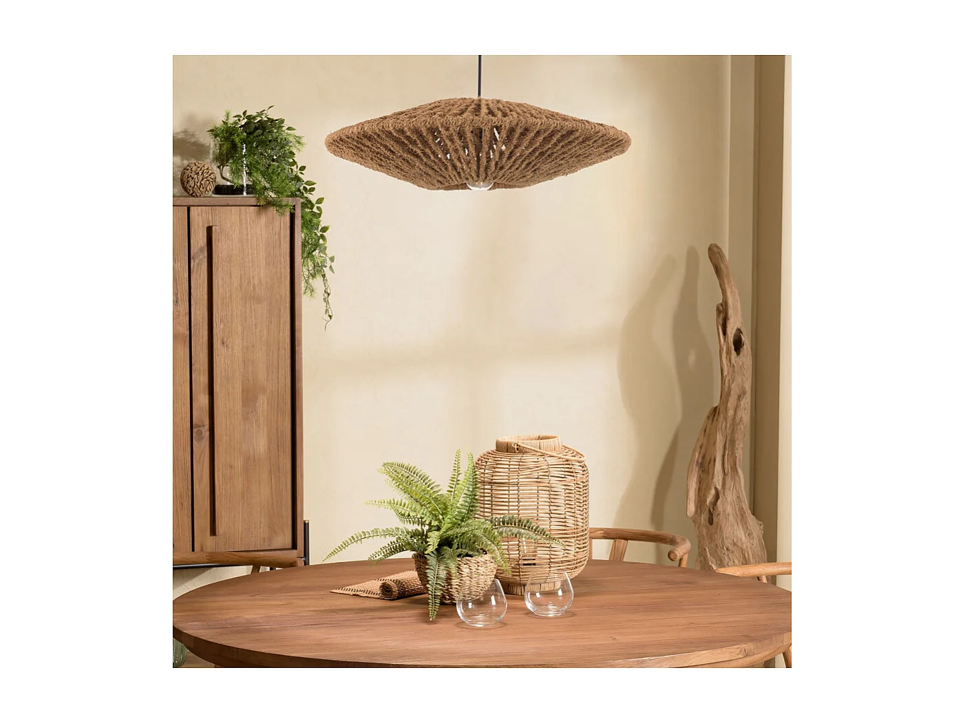 SIXTINE - Suspension 'cymbale' 60x60cm en bois teck recyclé et rotin