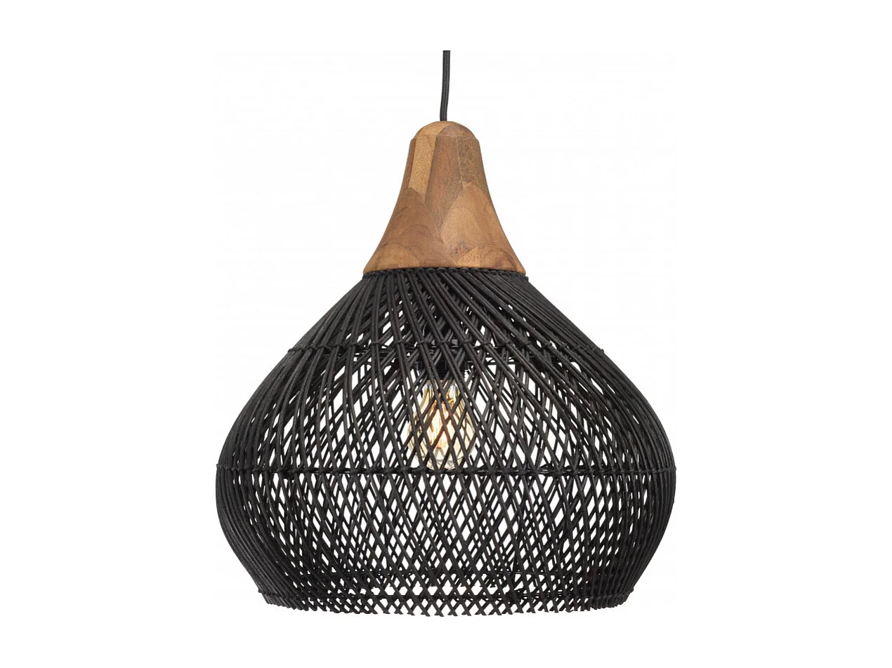SIXTINE - Suspension 'cloche' 40x40cm en bois teck et rotin noire