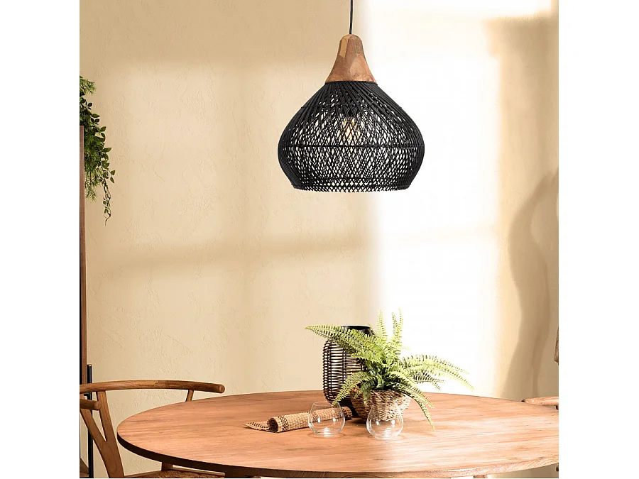 SIXTINE - Suspension 'cloche' 40x40cm en bois teck et rotin noire
