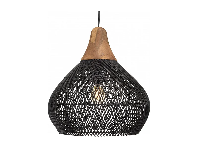 SIXTINE - Suspension 'cloche' 40x40cm en bois teck et rotin noire