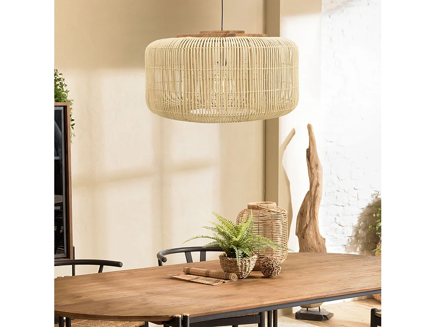 SIXTINE - Suspension 'seau' 76x76cm bois de teck et rotin naturelle