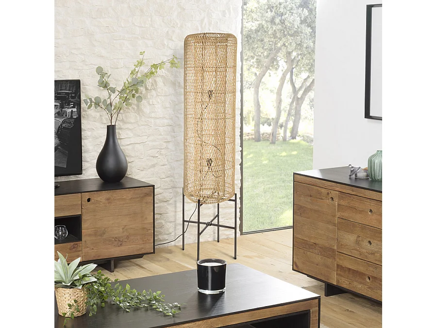 SIXTINE - Lampadaire 39x39cm rotin naturel pieds acier noir