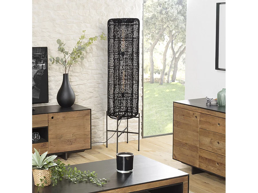 SIXTINE - Lampadaire 39x39cm rotin couleur noire pieds acier