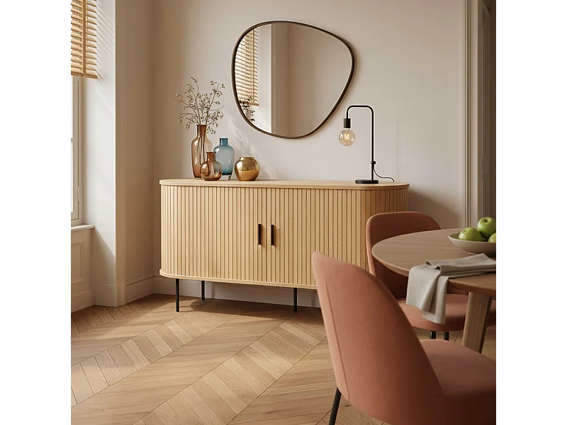 Buffet 2 portes en mélaminé et acier 140 cm beige