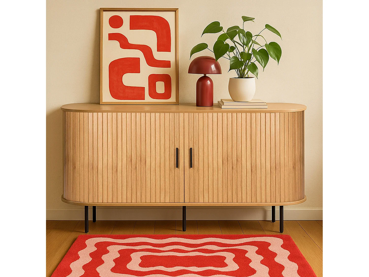 Buffet 2 portes en mélaminé et acier 140 cm beige