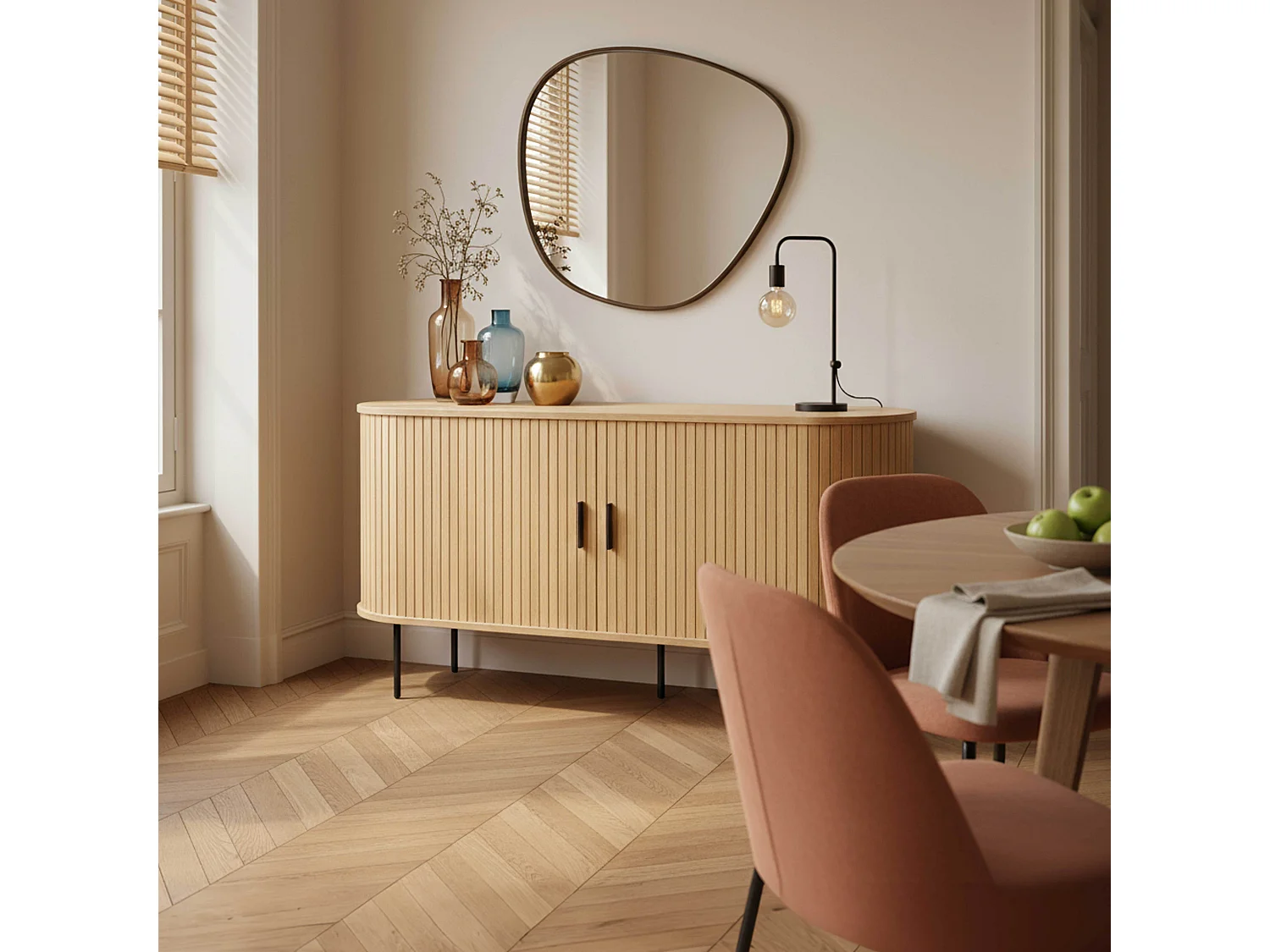 Buffet 2 portes en mélaminé et acier 140 cm beige