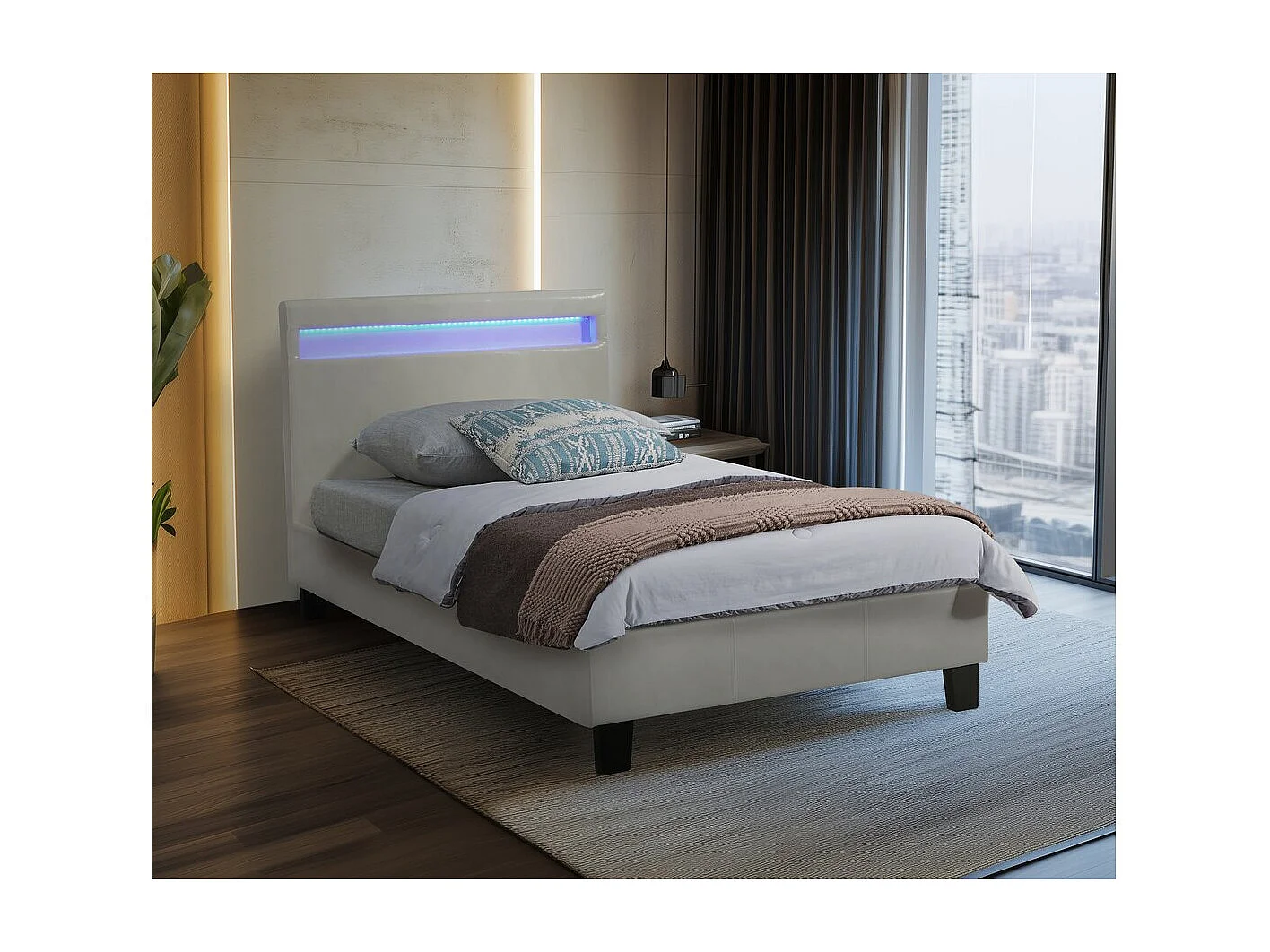 Cama individual com LED "Maria" 90 x 190 cm - Branco elegante e moderno com iluminação LED integrada