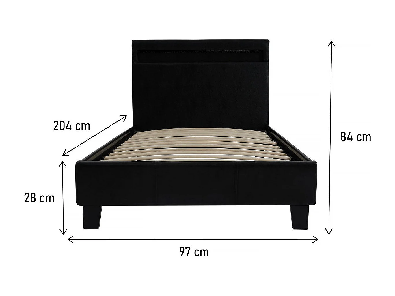 Cama de solteiro com LED "Maria" 90x190cm - Preto, iluminação LED personalizável