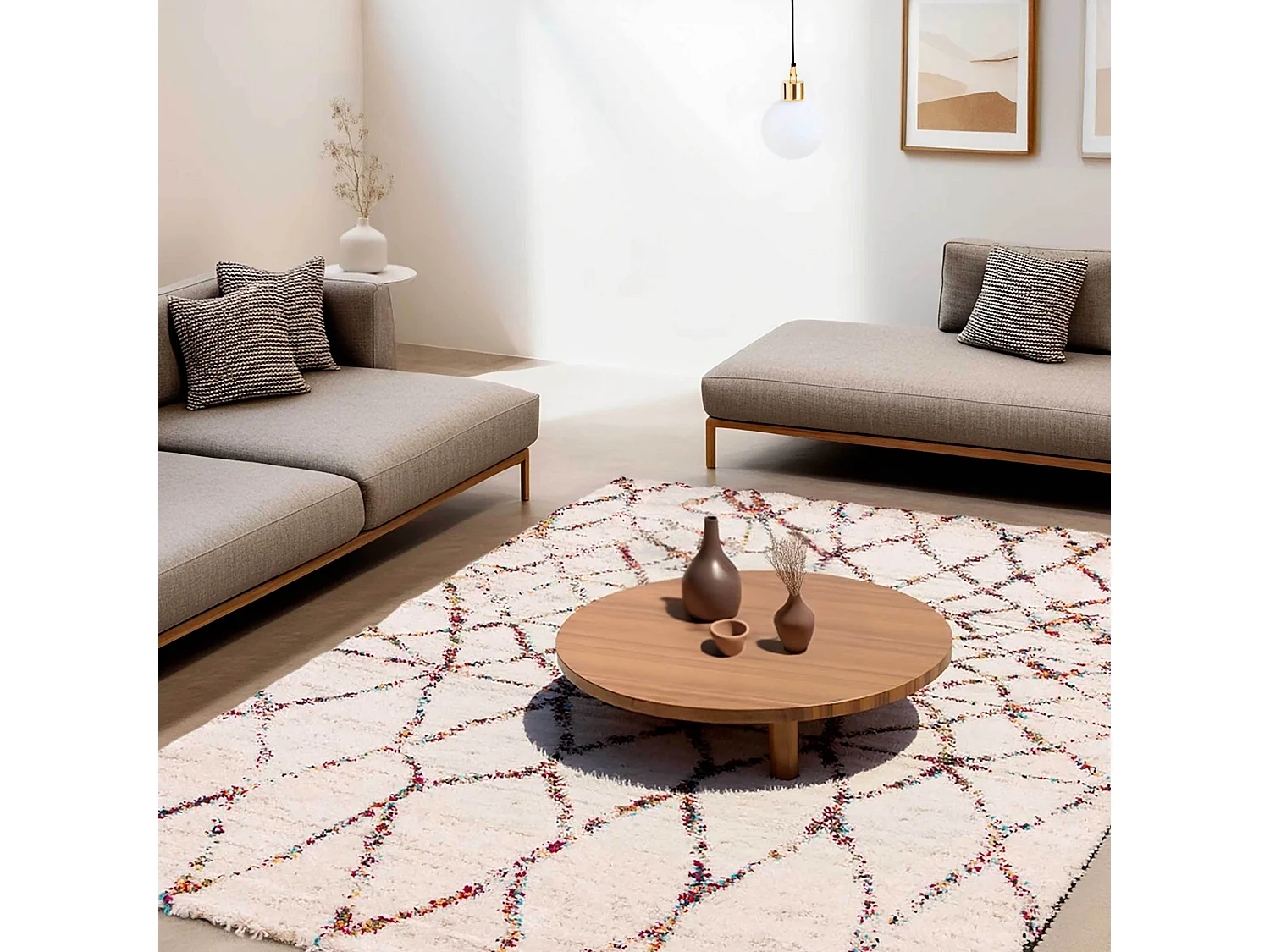 Tapis rectangulaire à poils longs motif ethnique beige 120x170 cm