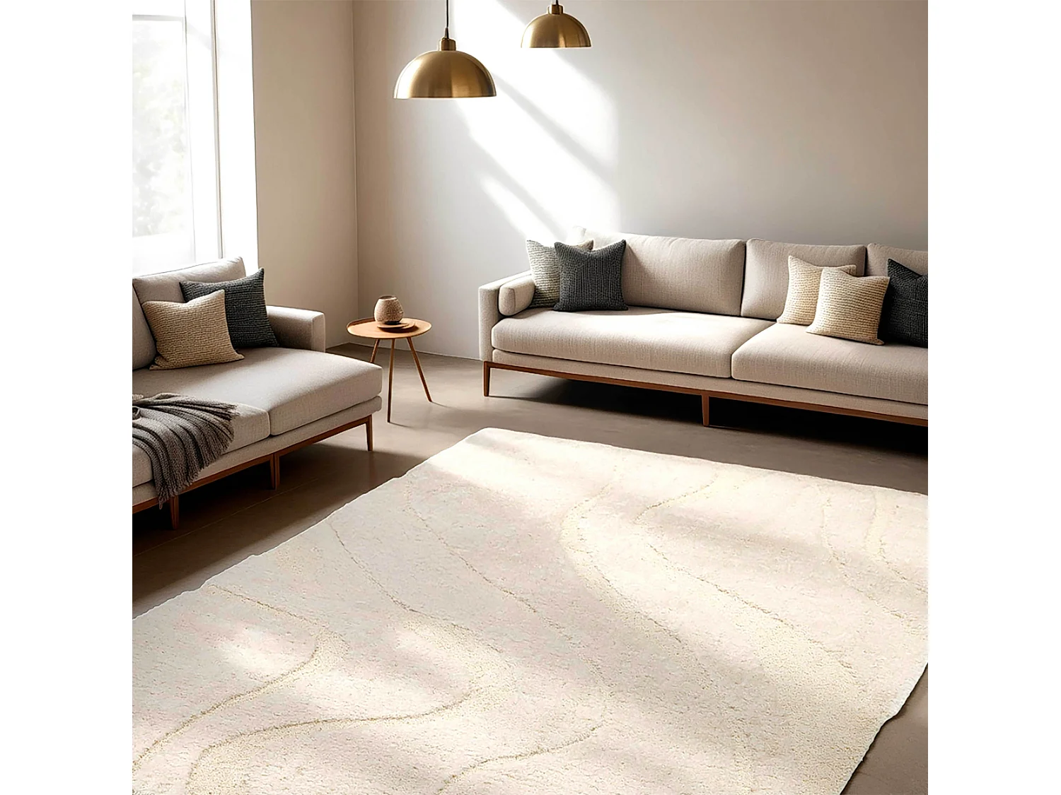 Rechthoekig hoogpolig vloerkleed met ecru golvenpatroon 120 x 170 cm