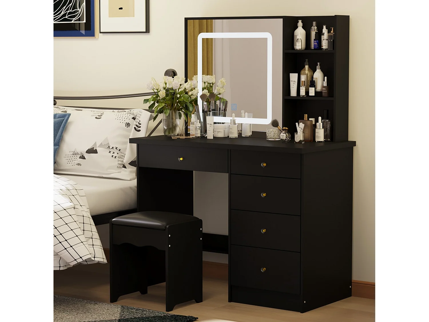 Coiffeuse avec Miroir LED tricolore Compariment ouvert Tabouret 135x100x50cm Noir