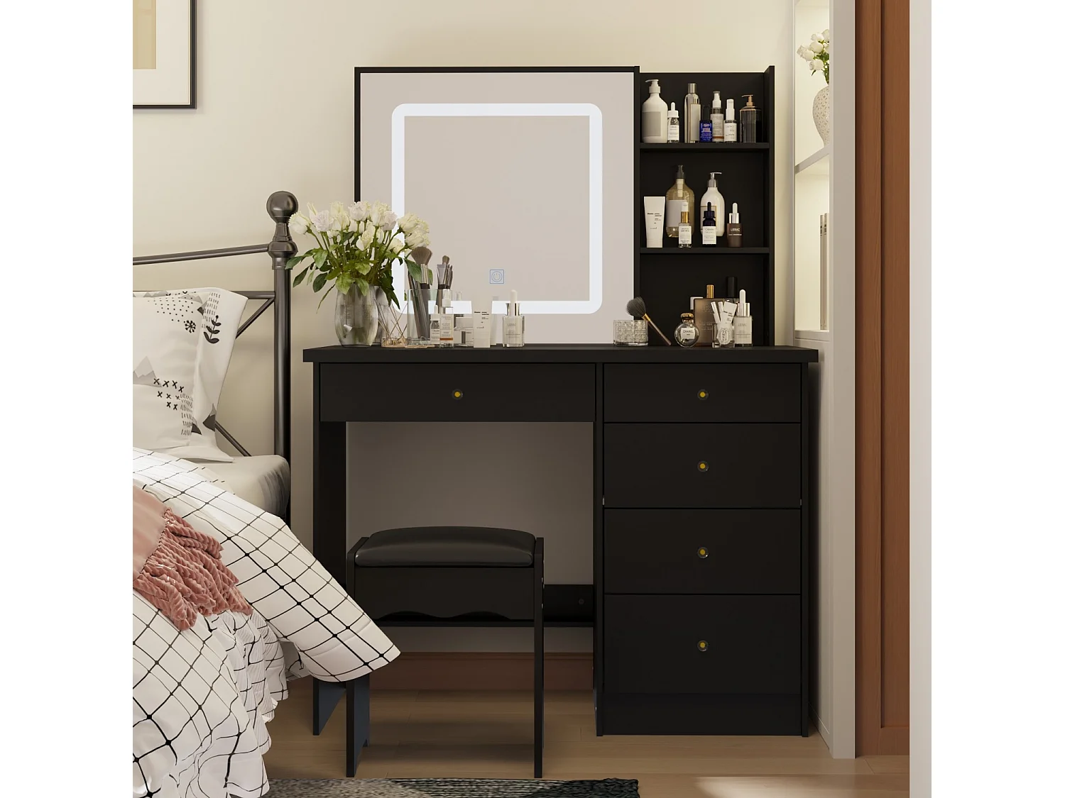 Coiffeuse avec Miroir LED tricolore Compariment ouvert Tabouret 135x100x50cm Noir