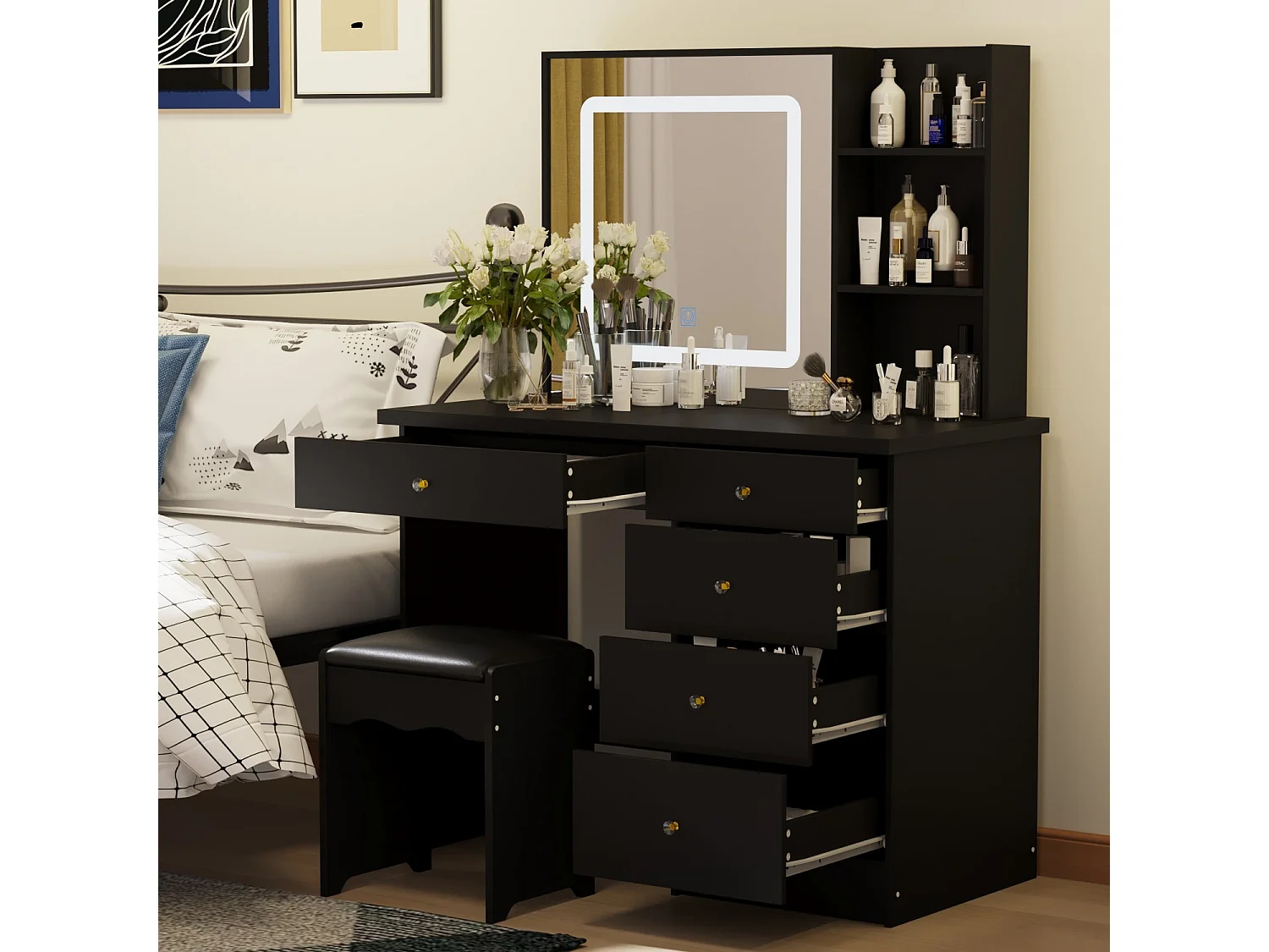 Coiffeuse avec Miroir LED tricolore Compariment ouvert Tabouret 135x100x50cm Noir