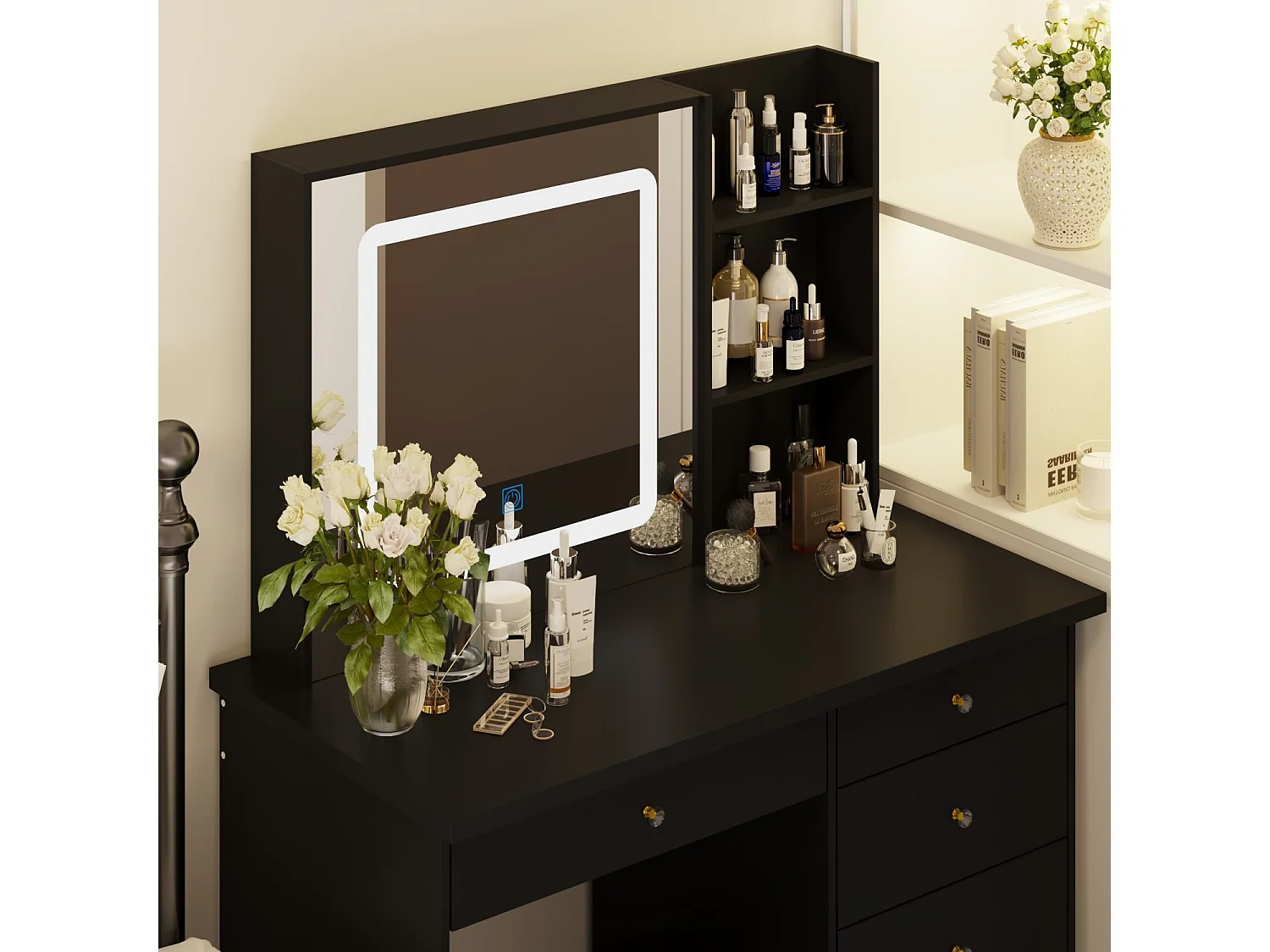 Coiffeuse avec Miroir LED tricolore Compariment ouvert Tabouret 135x100x50cm Noir