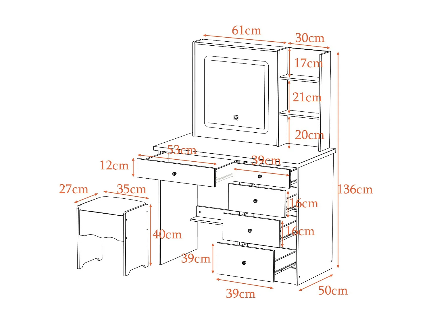 Coiffeuse avec Miroir LED tricolore Compariment ouvert Tabouret 135x100x50cm Noir