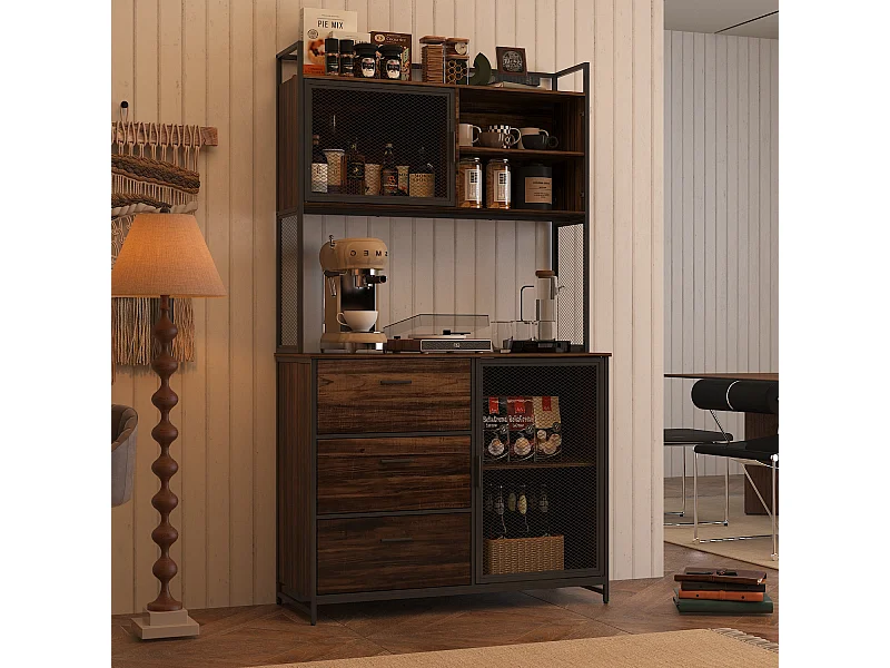 Buffet de Cuisine avec Plan de Travail, Meuble Rangement avec 2 Portes en Métal et 3 Tiroirs, Style Industriel, 100x40x175cm,