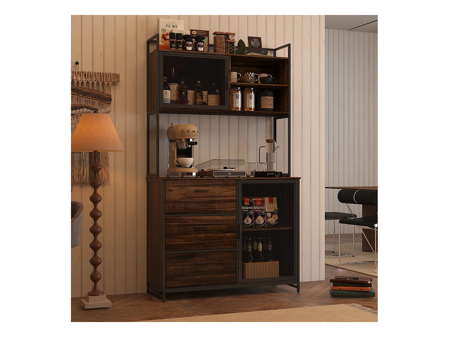 Buffet de Cuisine avec Plan de Travail, Meuble Rangement avec 2 Portes en Métal et 3 Tiroirs, Style Industriel, 100x40x175cm,