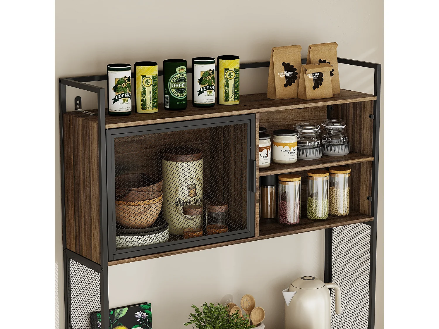 Buffet de Cuisine avec 2 Portes en Métal et 3 Tiroirs et Compartiments, Armoire de Cuisine avec Aspect du Bois, 100x40x175, Marron