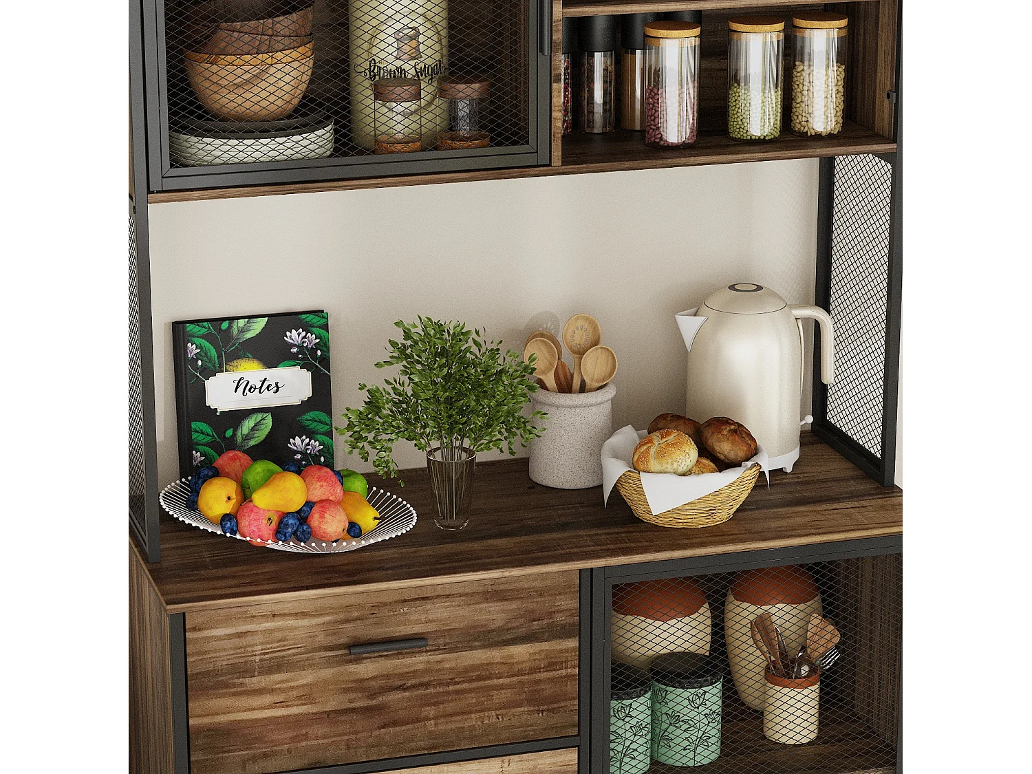 Buffet de Cuisine avec 2 Portes en Métal et 3 Tiroirs et Compartiments, Armoire de Cuisine avec Aspect du Bois, 100x40x175, Marron